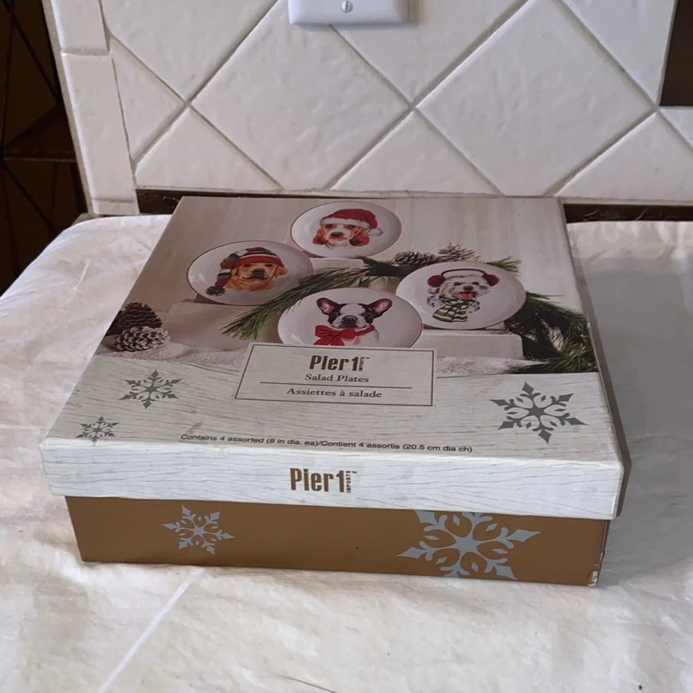 open box Pier 1 Holiday Christmas dogs set of 4 salad plates.